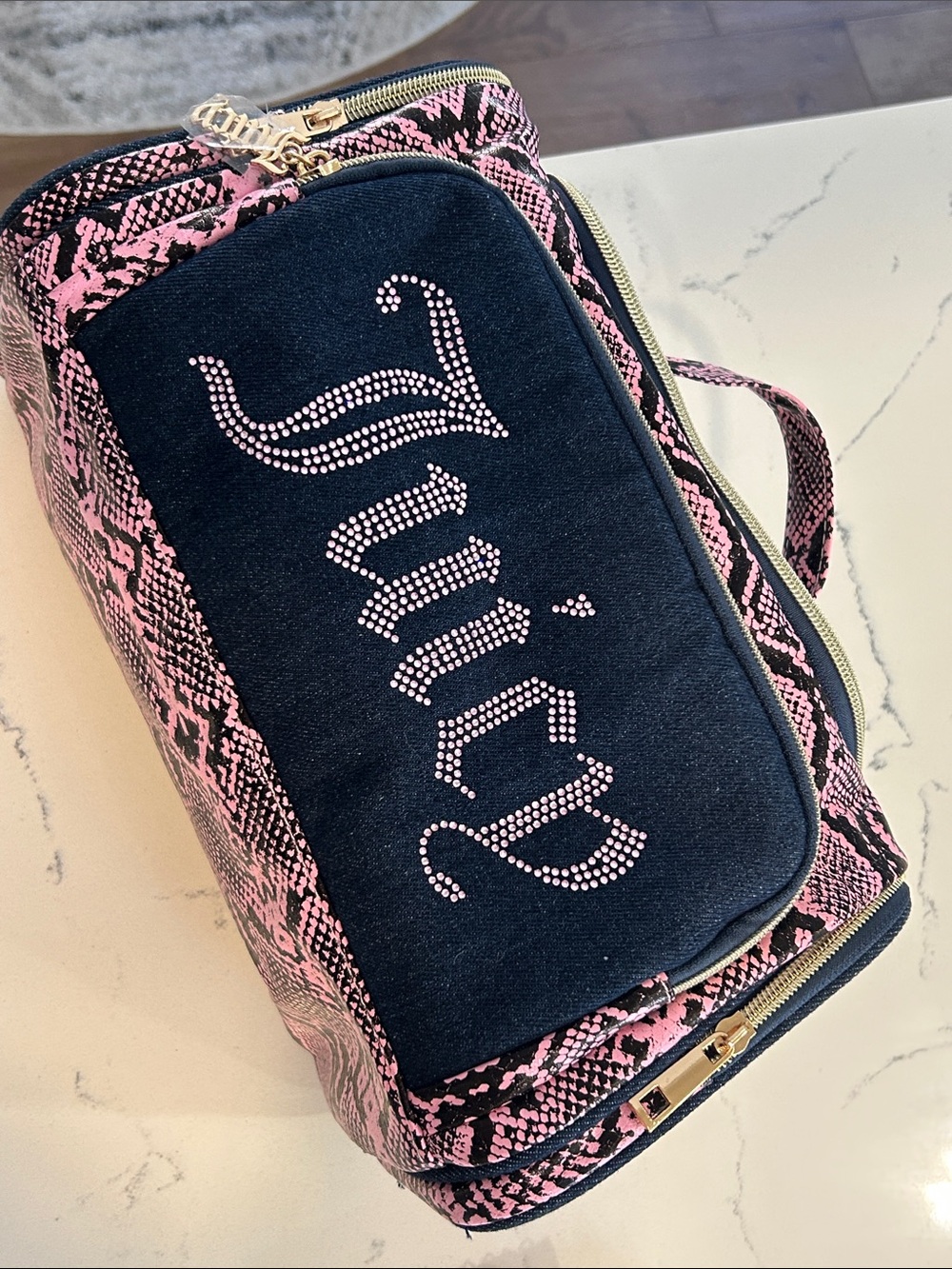 New Juicy Couture Pink Snakeskin Travel Cosmetic Bag with Studded Front